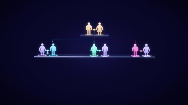 Family tree infographic growing from one couple into four generations of glowing people icons