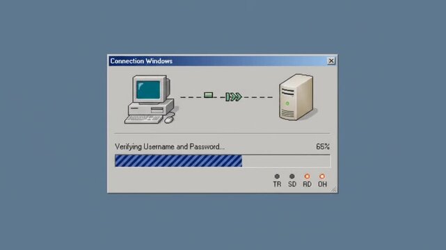Retro Computer Interface Showing Vintage Dial Up Internet Connection Progress Bar with Animated Modem Status Indicators