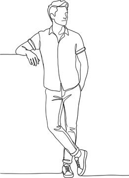 Continuous line art illustration of a young man leaning against a surface with a thoughtful expression.
