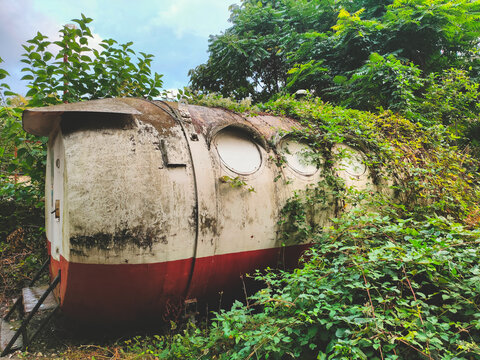 Old abandoned capsule or carriage overgrown with green plants. dystopia background