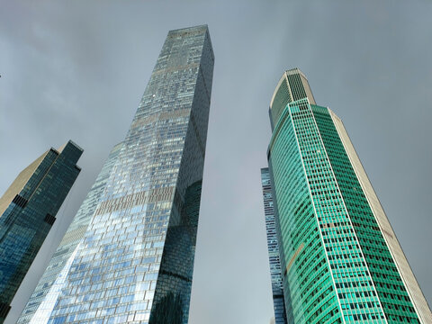 Low angle view of modern skyscrapers in business district