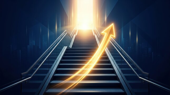 A glowing gold arrow climbs a modern staircase toward a bright horizon, illustrating business growth and financial progress in a deep blue environment, abstract, goal, background