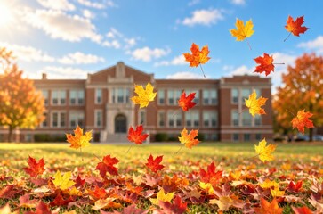 Plakat Vibrant autumn maple leaves falling in front of a brick schoolhouse building on a sunny day.