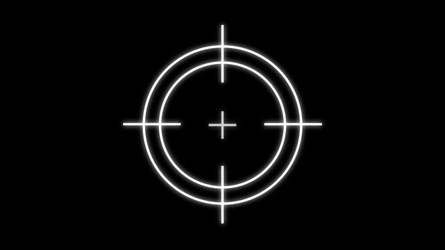 target icon animation representing aiming, precision, targeting, military training, tactical planning, accuracy, and focus. Futuristic illuminated line design on a dark background, suitable for