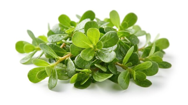 Fresh green leafy plant with water droplets on leaves against white background
