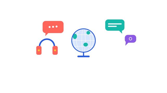 Language Learning App Speech Bubbles Globe Flashcards Headphones Alphabet Symbols Playful Flat Minimalist Vector high quality professional