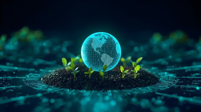 Earth hologram and eco energy hud, technology and resources and green city
