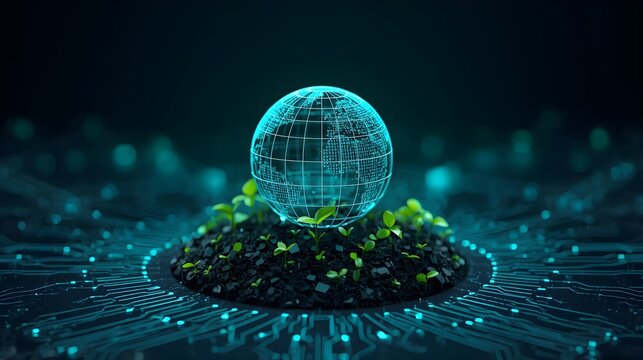 Earth hologram and eco energy hud, technology and resources and green city
