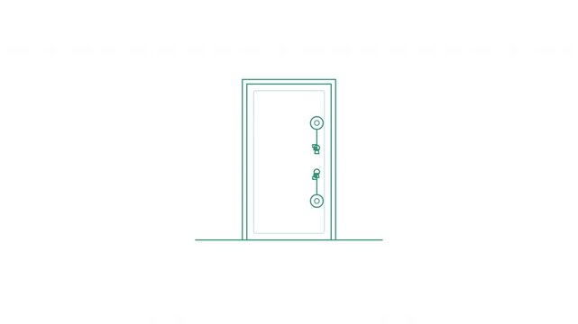 Minimal line art door with two keys turning in two keyholes then door opening in green