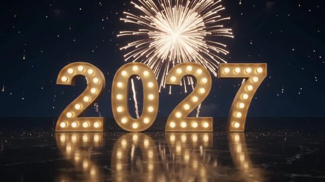 New Year Celebration 2027 Lighting Numbers With Fireworks In Night Sky