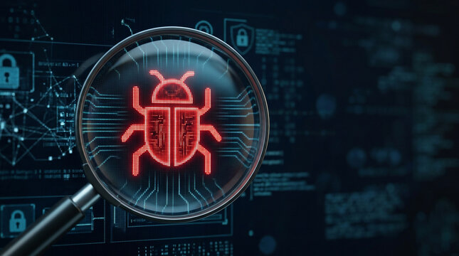 Digital bug icon under magnifying glass on a dark tech background with glowing circuits and locks, concept for cybersecurity, threat detection and data protection