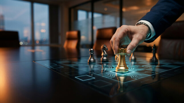 Businessman hand moving golden rook on digital circuit chess board, cinematic office setting, perfect for strategic planning, corporate success and ai