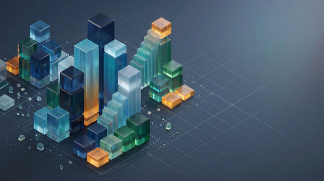 Glass bar charts in isometric 3D render on dark grid background, concept for financial reporting, business analysis and market growth