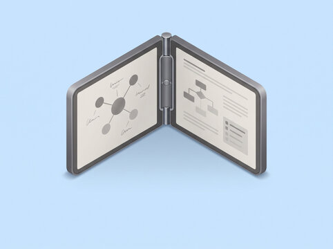 Isometric foldable dual screen device displaying business data diagrams