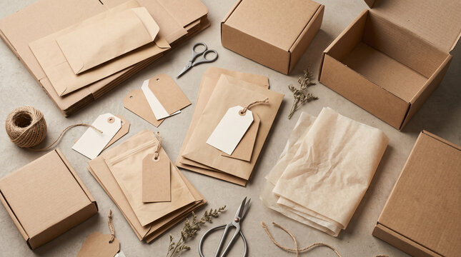 Autumn craft packaging supplies with kraft boxes paper tags twine