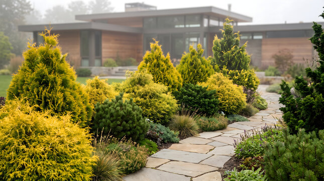 Beautiful landscaping featuring chamaecyparis gold conifers and vibrant shrubs along a stone walkway in a yard