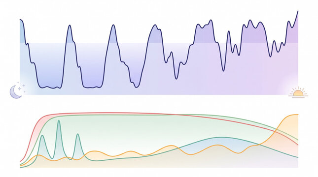 Winter sleep architecture and circadian rhythm hypnogram vector diagram. Neuroscience infographic showing REM NREM cycles, melatonin, and cortisol response.

