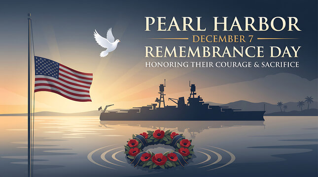 Pearl Harbor Remembrance Day with patriotic flag and wreath on water