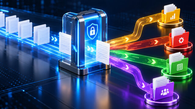 A digital concept art shows secure file transfer, with a lock symbol central to data pathways leading to various tech-themed folders in vibrant colors