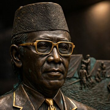 Bronze bust statue of Indonesian statesman wearing peci and glasses