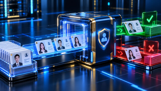A digital ID verification system processes cards on a futuristic, glowing conveyor. Approved IDs go into a green slot, while rejected ones are directed to a red area, indicating acceptance