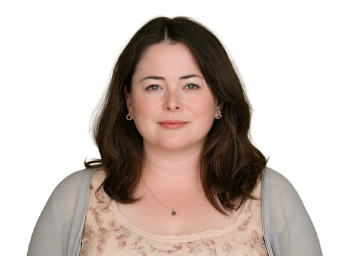 portrait of plus size caucasian brunette woman, isolated on white or transparent background