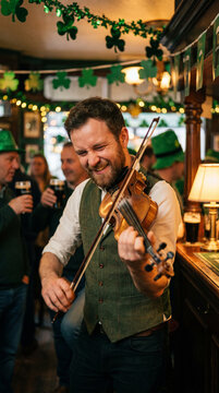 Male musician playing violin and smiling in a festive pub setting  