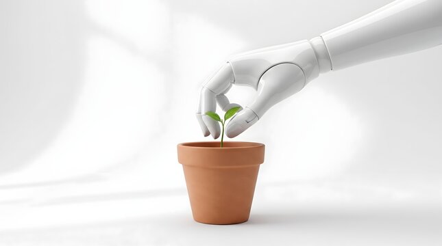 A robotic hand gently plants a small green sprout in a clay pot, symbolizing technological advancement and growth