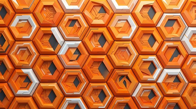 Contemporary bright orange geometric hexagon mosaic structure featuring repeating technological polygons forming a dynamic seamless visual pattern backdrop for modern digital backdrop layout designs