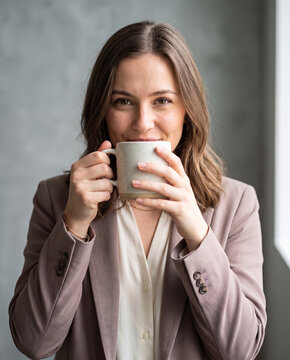 Young woman smiling and holding a ceramic coffee mug in a modern setting  
