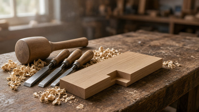 Wood chisels and a wooden mallet with shavings on a carpenter bench
