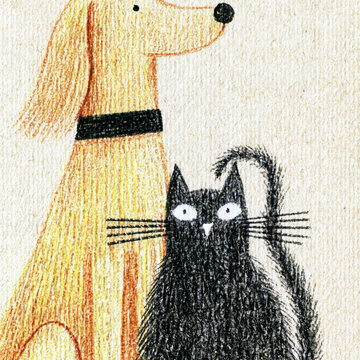 Minimalist illustration of black cat beside person with long hair on textured paper