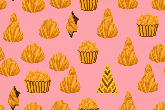 Seamless pastry pattern with bakery bun, muffin, and sweet bread on pink background