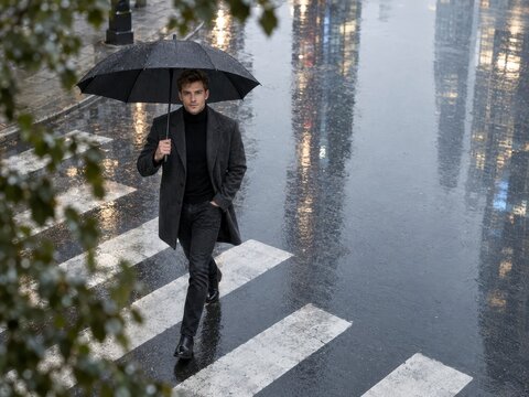 Young man walking across a city crosswalk with an umbrella during a
