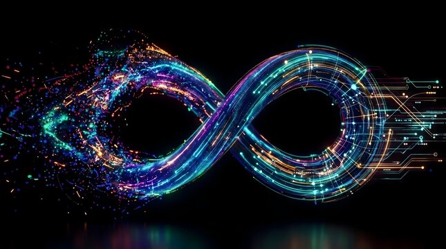 Abstract Futuristic Infinity Symbol Made of Glowing Digital Data Streams and Neon Particles on Dark Background