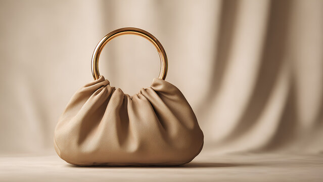
hobo-style handbag, inspired by Celine, made from matte sand-colored Italian leather, soft gathered folds, thick polished brass circular handle, minimal branding, shot in a bright neutral-toned studi