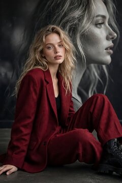 Young woman in red suit sitting against large portrait background for