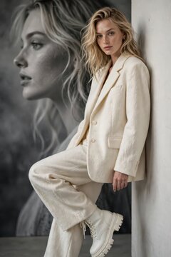 Young woman in stylish cream suit leaning against wall for fashion