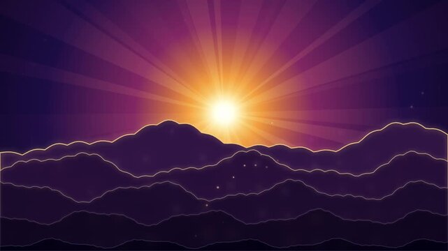 Stunning vector illustration featuring majestic mountains silhouetted against a radiant golden sunset sky with sunburst rays