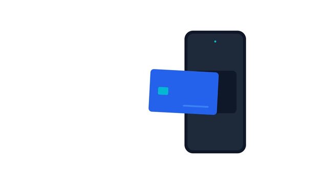 2D flat vector motion graphic of a digital payment transaction. A contactless card taps a smartphone, transfers signal blocks, processes the payment, and displays a confirmation checkmark in a seamles