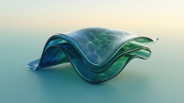 Wavy green translucent glass sheet sculpture.