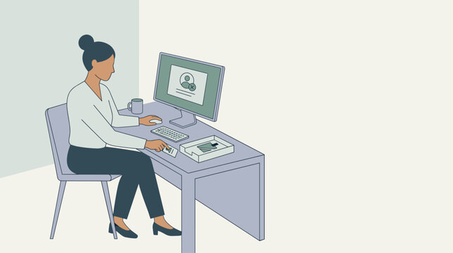 Flat vector illustration of a human resources manager revoking employee software access and collecting an ID badge during offboarding, minimalist concept with copy space.