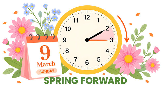 Daylight Saving Time Kicks Off concept. Vector graphic showing a clock and calendar marking the time shift on march 9, 2027, decked out with spring flower designs. Spring Forward Time visual banner