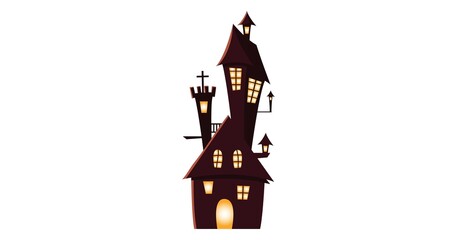 Tall crooked haunted house in dark maroon with glowing amber windows, a narrow turret with a cross, pointed roofs and a lit arched door, vector illustration © yoursturlyging