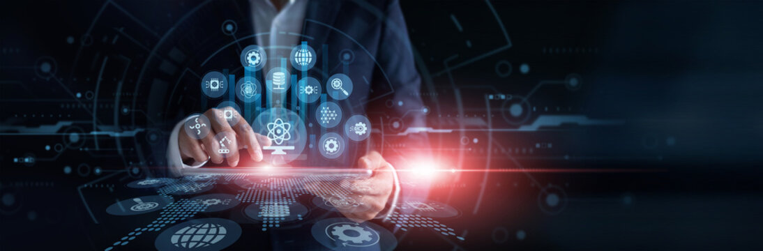 Computer Science and computing innovation concept with   developer using tablet, analyzing algorithms and code on advanced holographic   interface for tech solutions in modern virtual workspace.