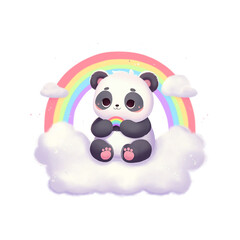 cute panda with rainbow sitting on cloud cartoon illustration © riski