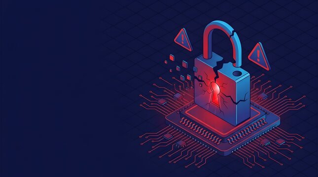 Cyber security breach concept with broken padlock on computer chip