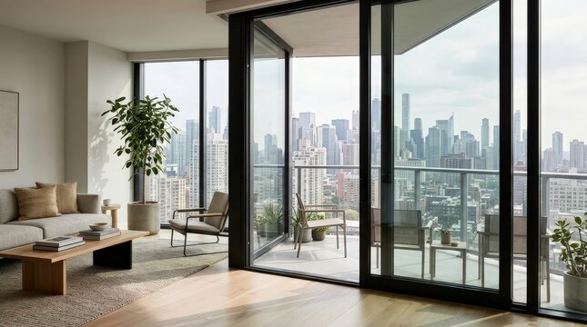 Apartment living room overlooking the city skyline