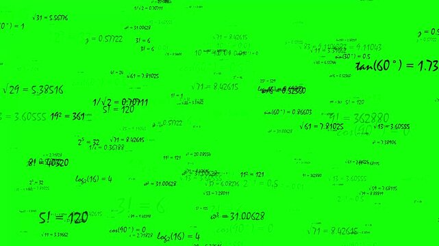 math formulas and algebra equations, trigonometric expressions flying on the green screen chroma key