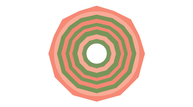 Radial geometric mandala with concentric decagonal layers in peach and green flat vector illustration for modern abstract backgrounds and decorative graphic design